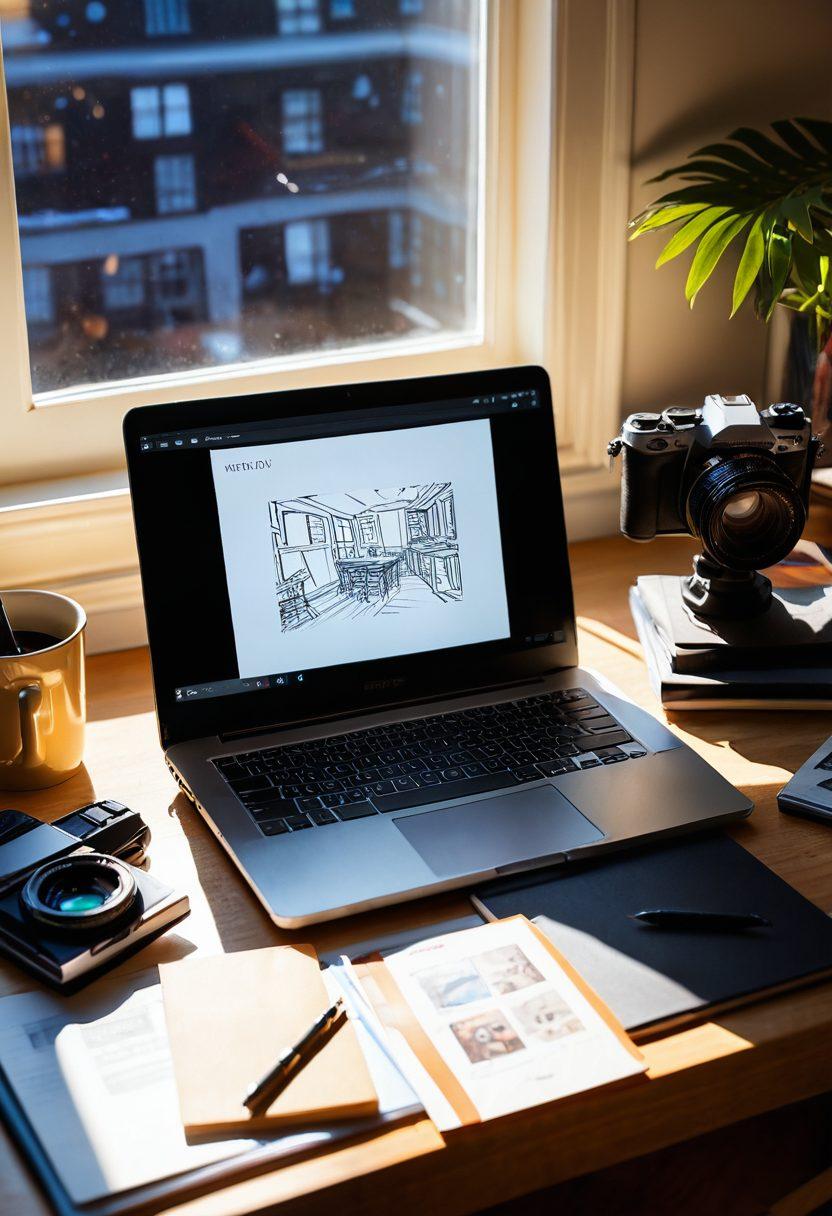 A professional photographer's desk with a high-tech camera, a laptop displaying a beautifully designed website, and a sketchpad filled with website layout designs; sunlight streaming through a window casting creative shadows. vibrant colors. super-realistic.