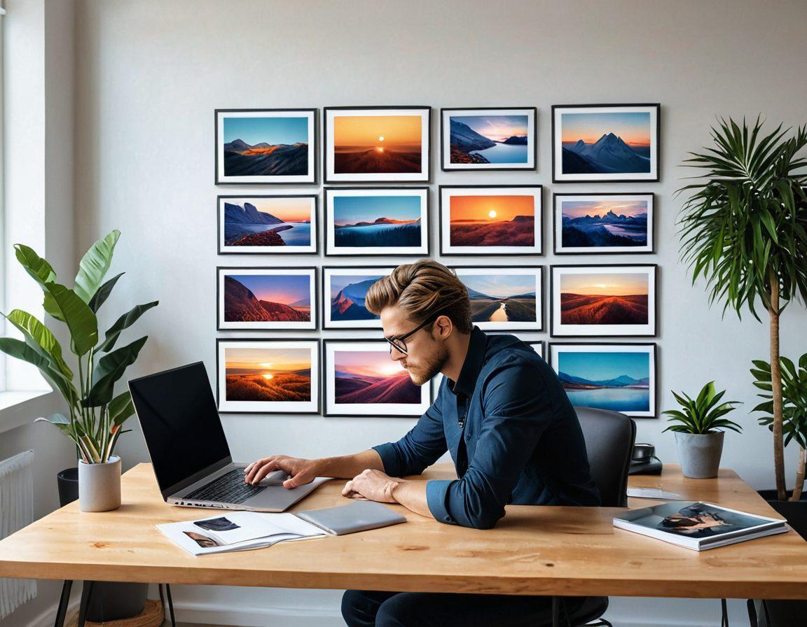 An elegant photographer working on a laptop surrounded by beautiful online photo galleries, with tools like a camera, lenses, and graphic design software. Include a modern minimalist workspace, natural light, and vibrant colors displaying stunning photos on the screen. vector art. vibrant colors.