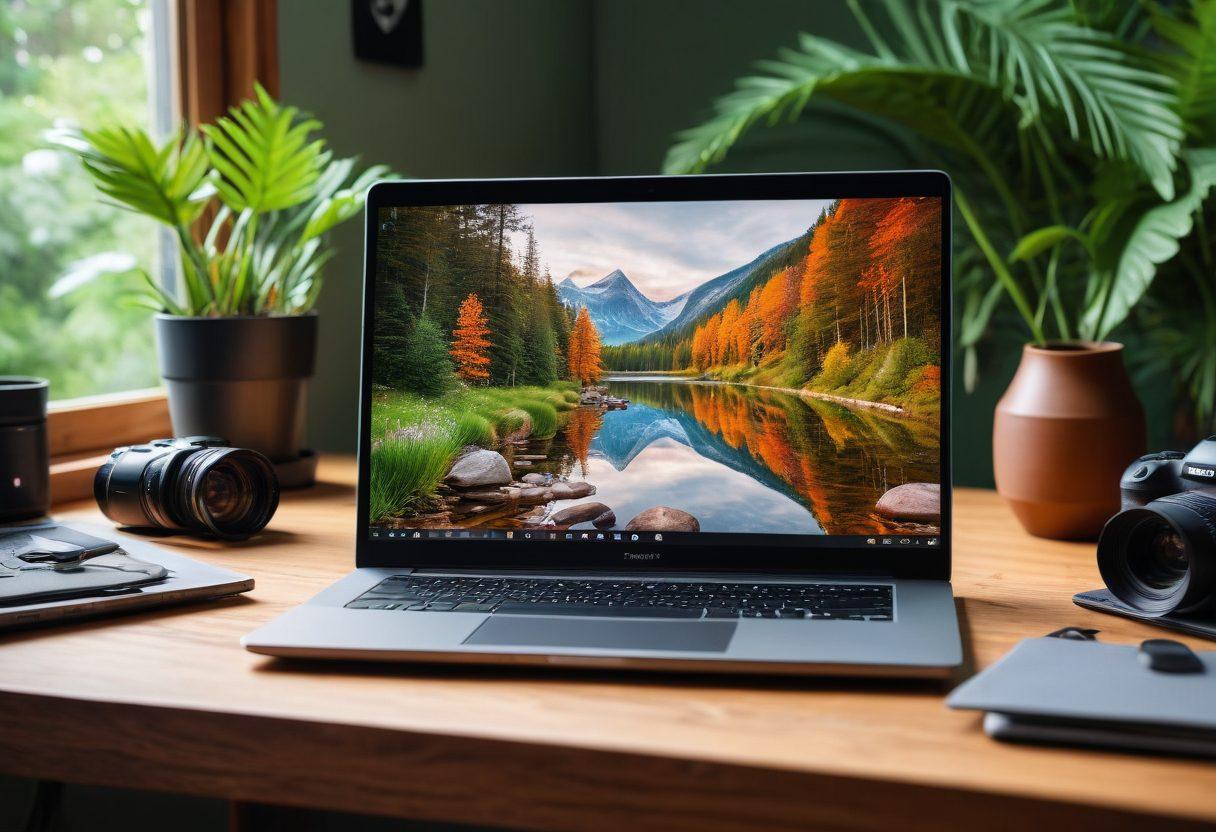 A sleek laptop with a vibrant screen displaying a stunning online photo portfolio, surrounded by high-quality photography equipment like cameras and lenses. A background of a cozy, modern workspace with a hint of nature visible through a window. All elements emphasize professional and creative success in photography. super-realistic. vibrant colors.